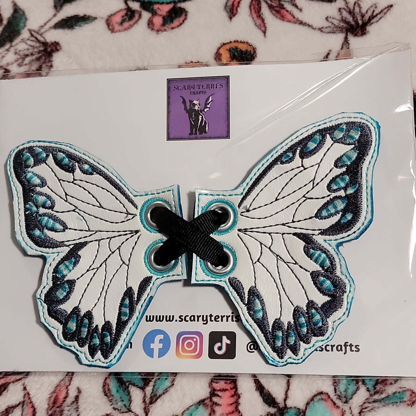 Butterfly Wings for Boot, Shoe, or Skate Lace. White Vinyl w/ Gray & Teal Embroidery