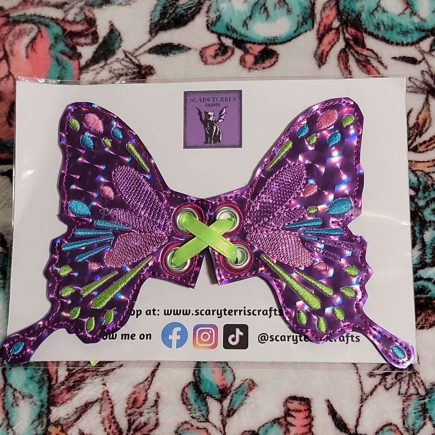 Butterfly Wings for Boot, Shoe, or Skate Lace. Holographic Purple Vinyl w/ Purple, Green, and Pink Embroidery