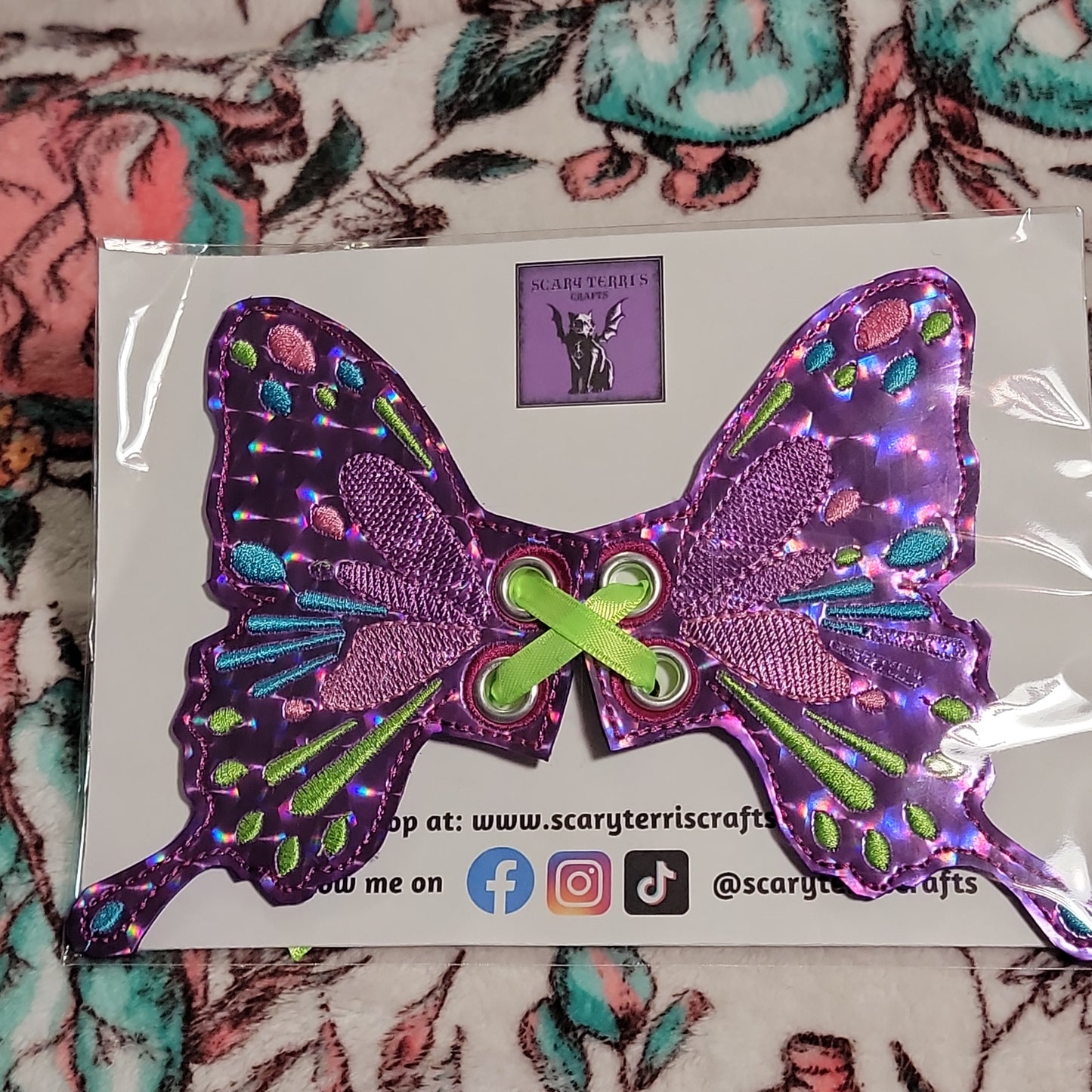 Butterfly Wings for Boot, Shoe, or Skate Lace. Holographic Purple Vinyl w/ Purple, Green, and Pink Embroidery