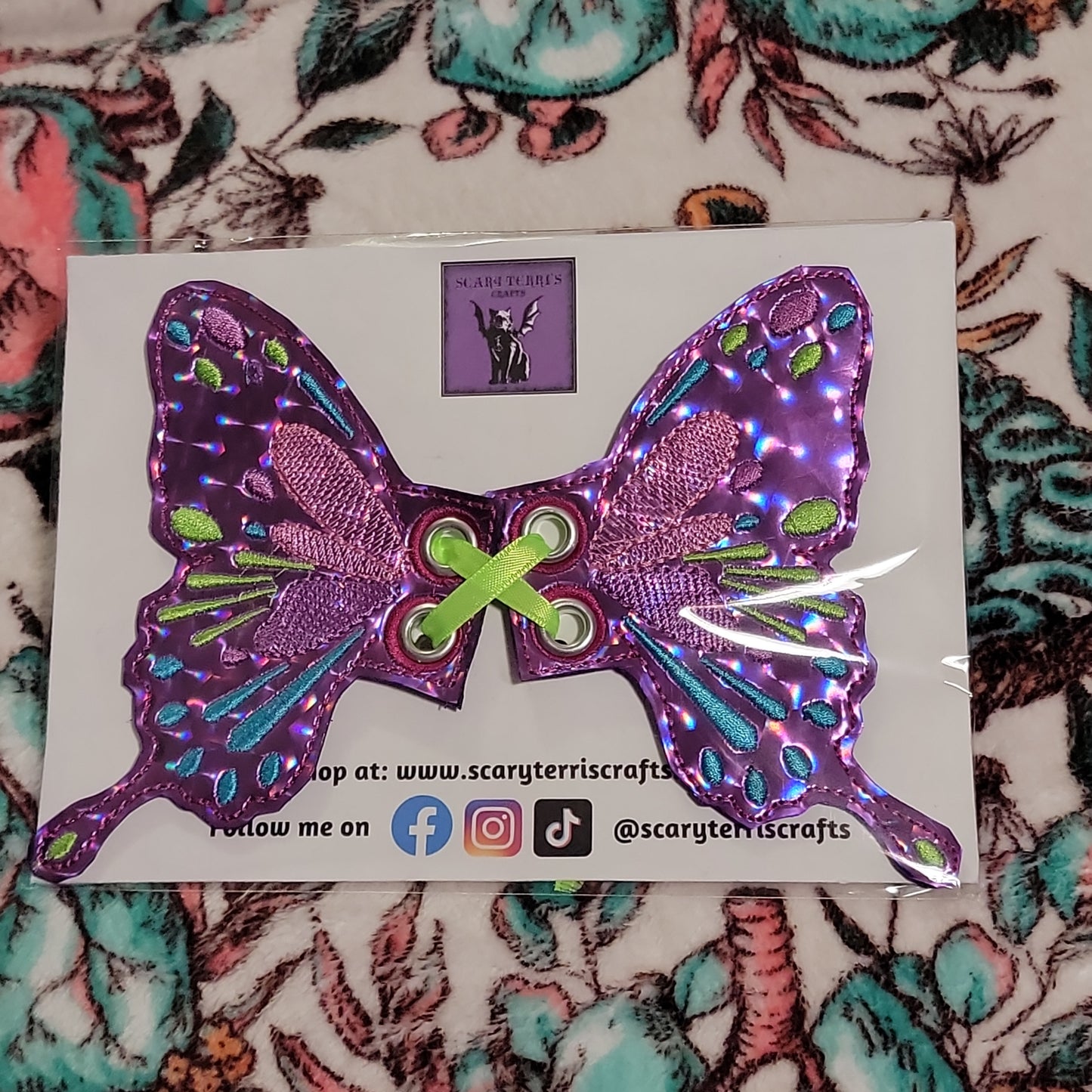 Butterfly Wings for Boot, Shoe, or Skate Lace. Holographic Purple Vinyl w/ Purple, Green, and Pink Embroidery