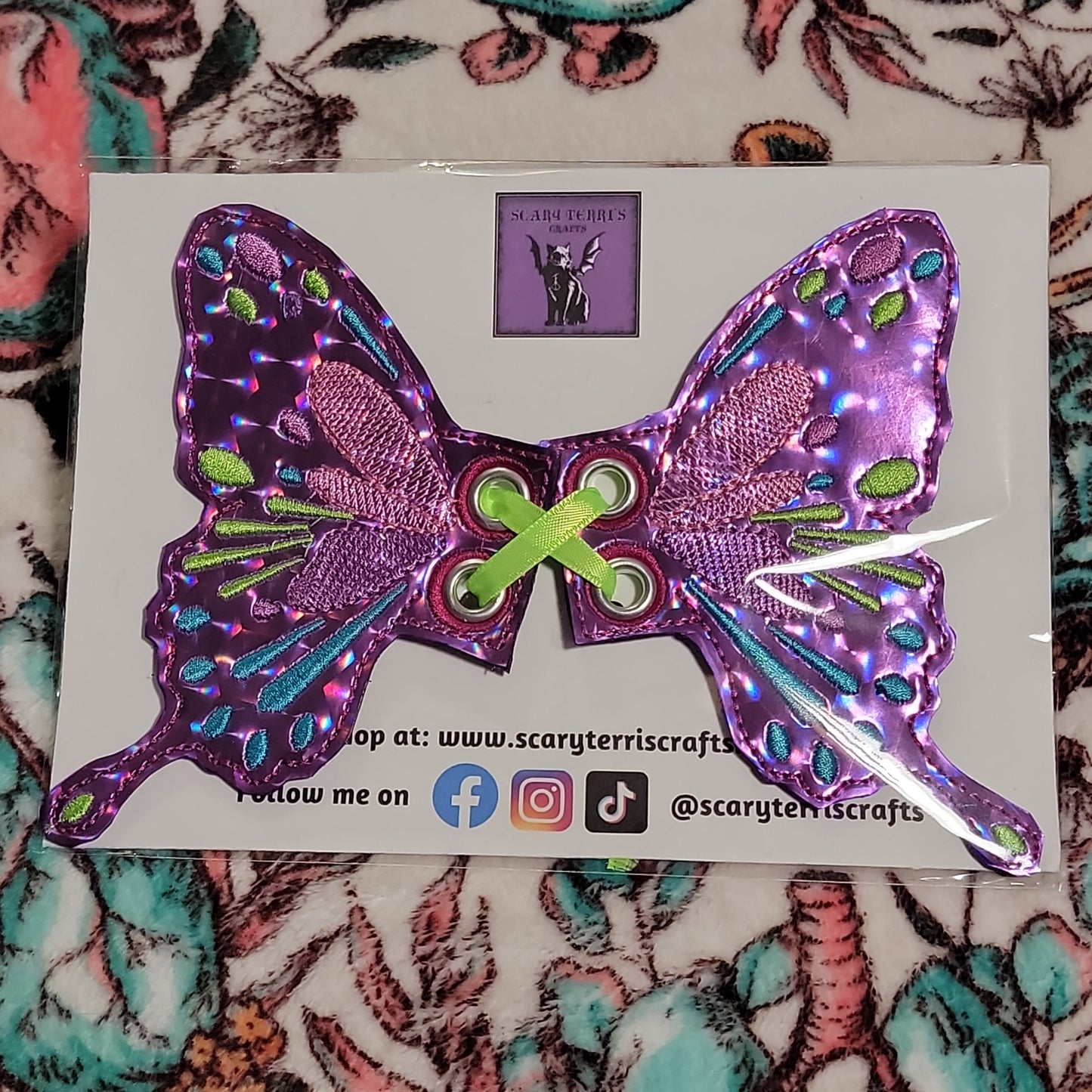 Butterfly Wings for Boot, Shoe, or Skate Lace. Holographic Purple Vinyl w/ Purple, Green, and Pink Embroidery