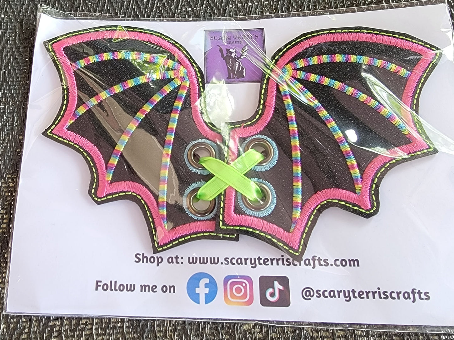 Boot, Shoe, or Skate Lace Bat Wings Black Glitter Vinyl w/ Pink & Rainbow Embroidery