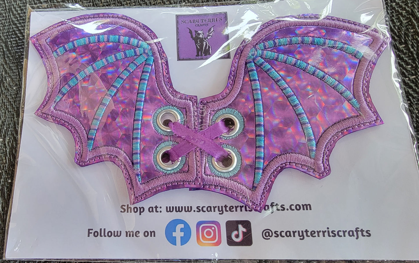 Boot, Shoe, or Skate Lace Bat Wings Holographic Purple Vinyl w/ Purple & Blue Embroidery