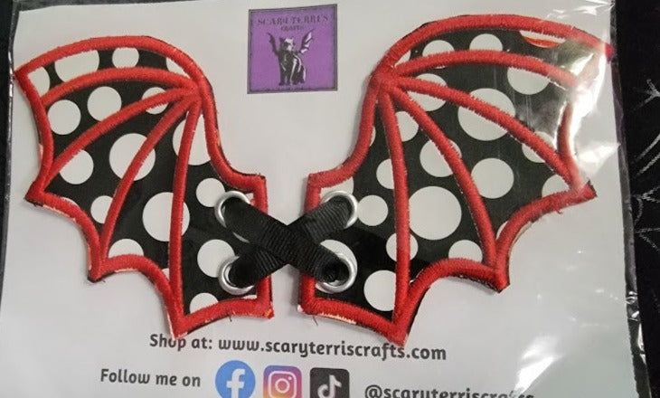 Boot, Shoe, or Skate Lace Bat Wings Black * White Polka Dot w/ Red Embroidery