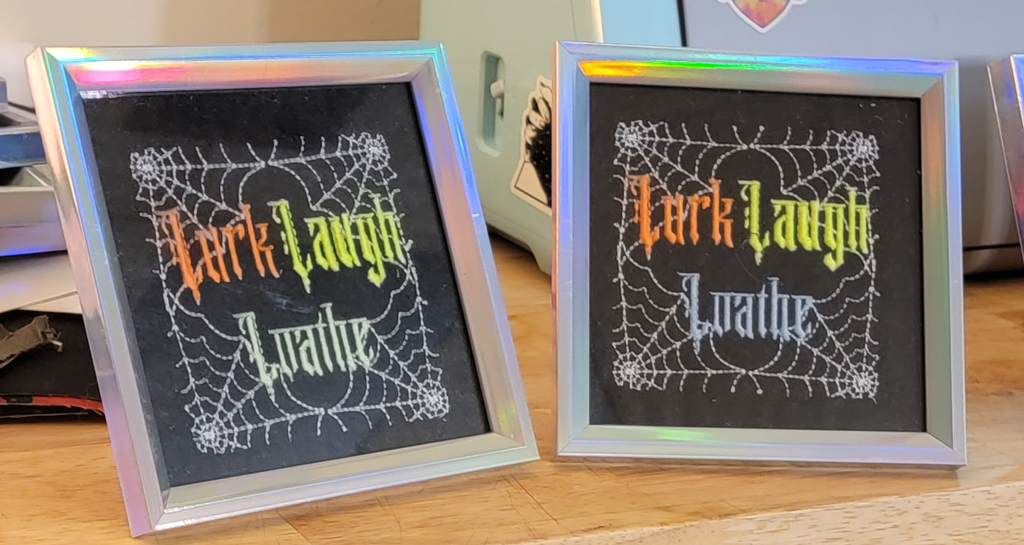 Lurk, Laugh, Loathe Framed Embroidery Art *GLOW in the DARK*