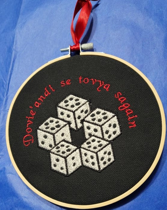 It's Time to Toss the Dice embroidery wall hanging Wheel of Time inspired