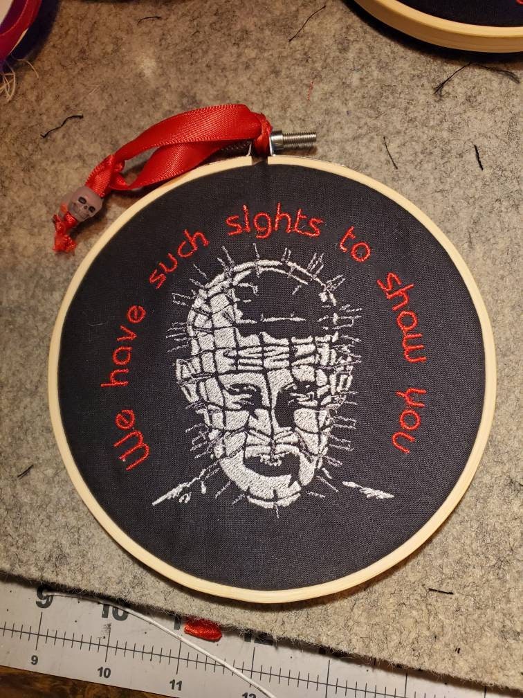 Hellraiser Embroidery sign wall hanging. Pinhead portrait with quote (multiple options available)