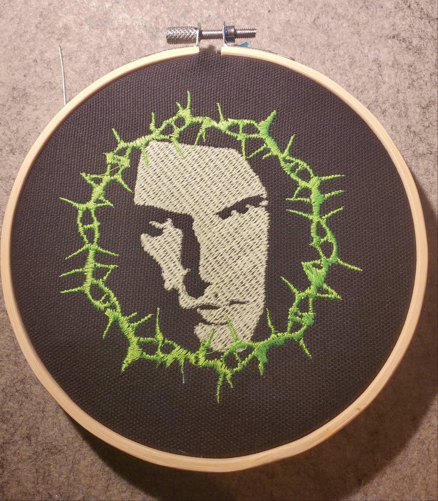 Type O Negative Embroidery sign wall hanging. Peter Steele portrait framed in Thorns. GLOW in the dark